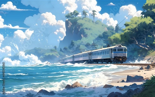 a vintage train traveling along the coastline of a seaside village
