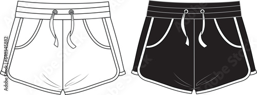 Unisex Elastic Waist Contrast Binding Shorts.Technical fashion illustration. Front, colored. Unisex CAD mock-up.