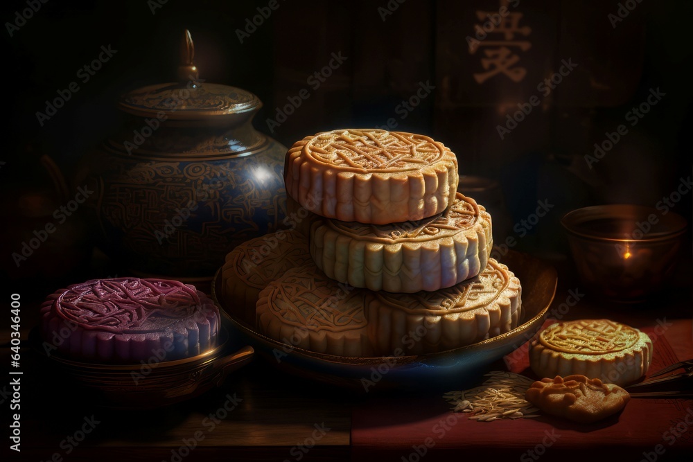 Moon cakes chinese art. Generate Ai