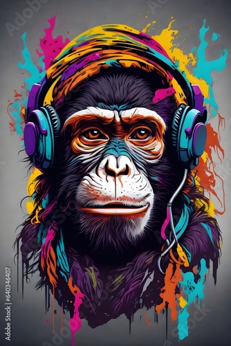 Monkey animal colorfull graffiti neon png, Sublimate Designs for shirt, music earphones. Ai generared, human enhanced 