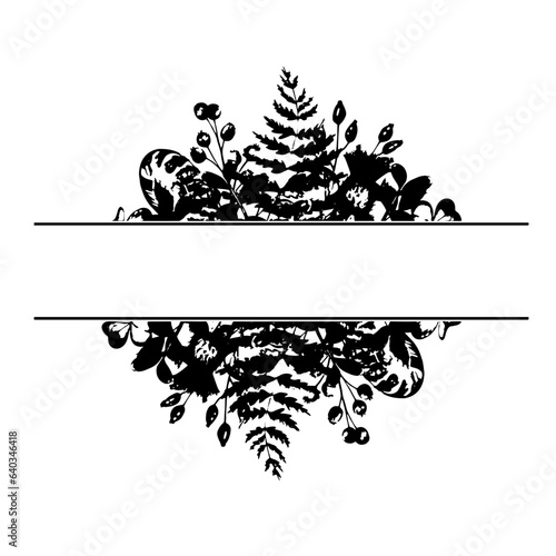 Monochrome black. Vector illustration frame with fern, leves and red berries isolated on white background. Banner with herbs. Hand painted clip art vintage card forest wildlife plants for the design