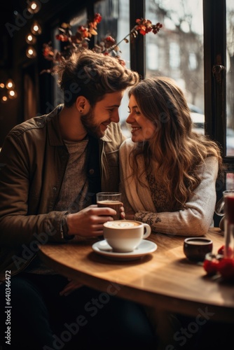 couple enjoying coffee in cafe. AI Generated