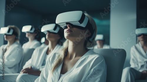 Young women in white lab uniforms sit together looking at information in VR glasses. Young doctors and laboratory assistants get acquainted with new achievements of science using modern technologies © EVGENIA
