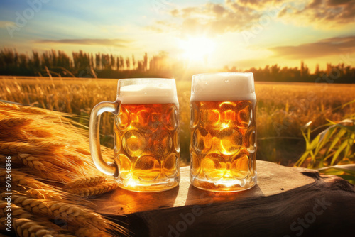 Two mugs of beer on wooden table with autumn background.
