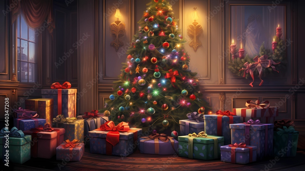 Merry Christmas and Happy New Year.The Christmas Tree Legend. Greeting Card. Fiction Backdrop. Book Illustration. Video Game Scene. Serious Digital Painting. CG Artwork Background. Generative AI.