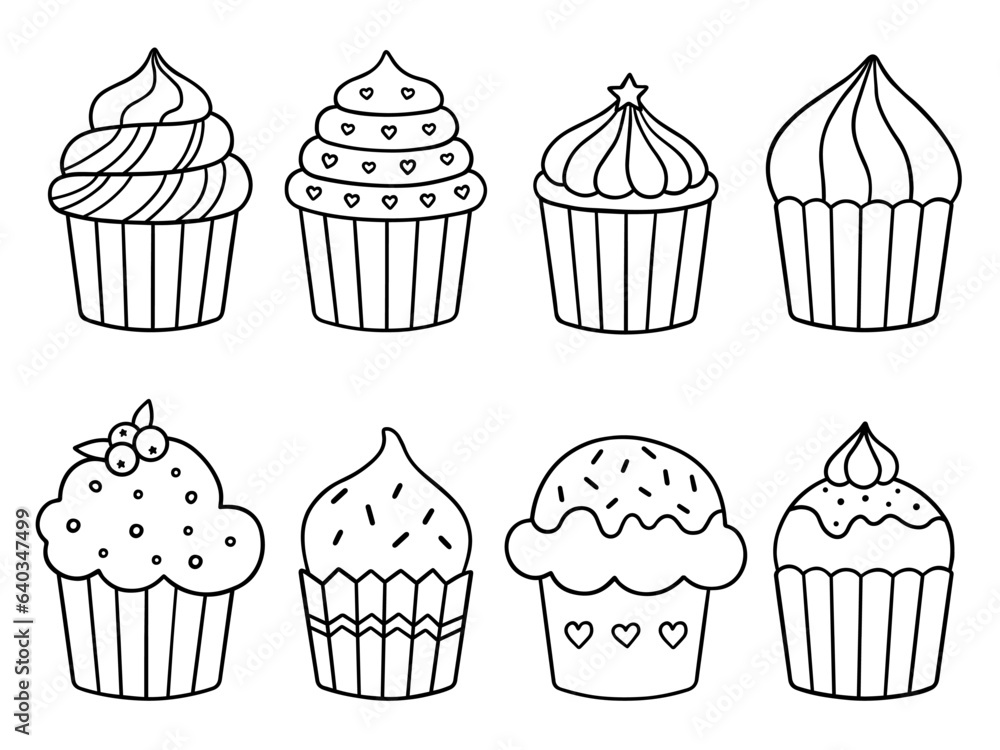 Cupcakes doodle set. Desserts and sweets in sketch style. Hand drawn vector illustration isolated on white background Cupcakes doodle set. Desserts and sweets in sketch style. Hand drawn vector illustration isolated on white background