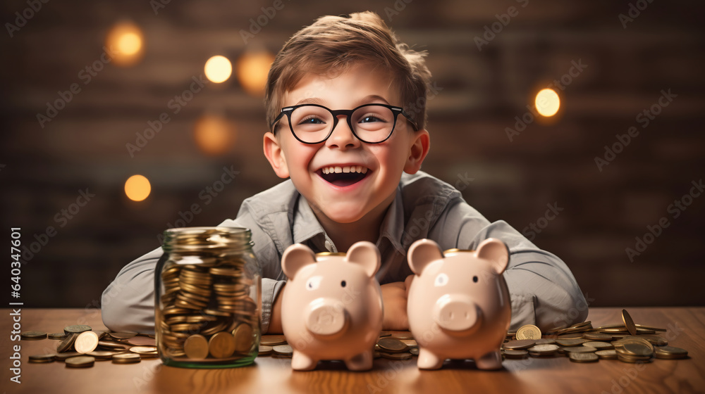 Cute Little Boy Saving Money Portrait with Piggy Bank - obrazy, fototapety, plakaty 