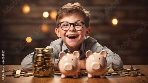 Cute Little Boy Saving Money Portrait with Piggy Bank photo
