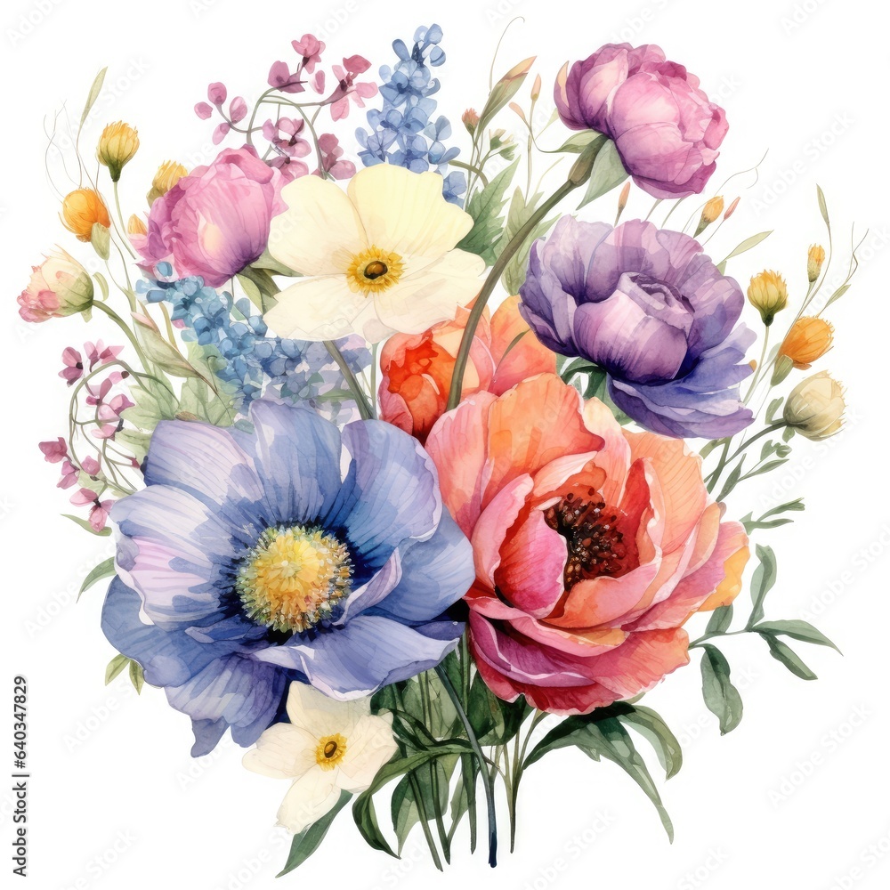 Bouquet of gorgeous colorful flowers on white background. Watercolor. Generative AI