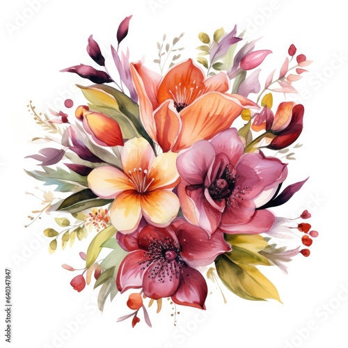 Bouquet of gorgeous colorful flowers on white background. Watercolor. Generative AI