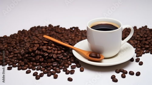 Black coffee cup, wooden spoon and coffee seeds.