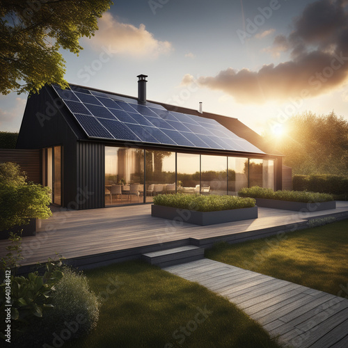 Comfortable home with solar panels. The concept of an environmentally conscious lifestyle, a sustainable measured lifestyle. Energy independent house.