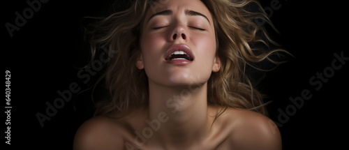Top view of a beautiful sensual woman getting sexual pleasure, erotica and orgasm. Sensual sexy caucasian woman with open mouth and closed eyes enjoying lying in bed for sex. Generative ai