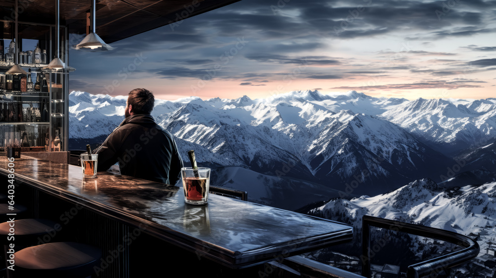 He stands atop a mountain at a ski resort bar, admiring the stunning view. He stands atop a mountain at a ski resort bar, admiring the stunning view.