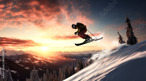 He soars through the air, a snow skier conquering the slopes. © Exuberation 