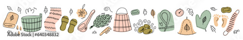 Horizontal collection of elements and objects for sauna and bathhouse, hand-drawn in the style of doodles