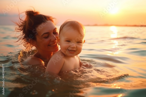 Happy mother and baby swim in the sea at sunset. Happy family. © Olesia Khazova
