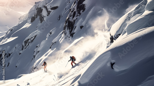 The skiers carve through the pristine snow-capped valley, enjoying the picturesque beauty of nature.
