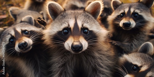 lot of funny raccoons in the autumn forest. Animal world. Generative AI © 22_monkeyzzz