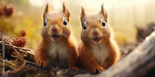 Two funny little squirrels the autumn forest look at the camera. Generative AI