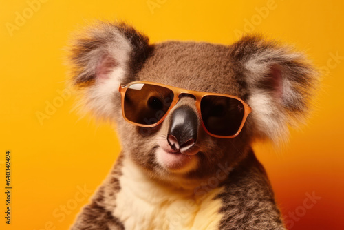 Cute koala with furry ears and stylish sunglasses enjoying the outdoors on a sunny day in Australia. Fashionable and unique marsupial. AI generated. © sorapop