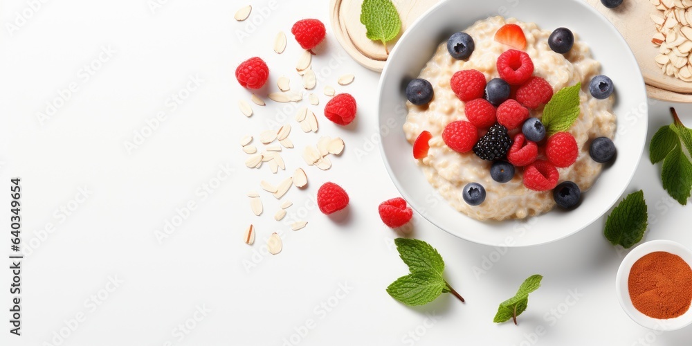 Bowl of oatmeal with fruits isolated on white background, top view. Generative AI Bowl of oatmeal with fruits isolated on white background, top view. Generative AI