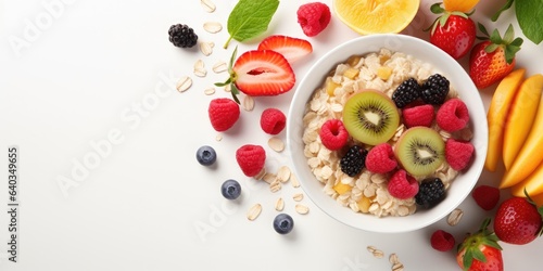 Bowl of oatmeal with fruits isolated on white background, top view. Generative AI