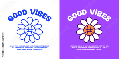 Basketball sunflower with good vibes text, illustration for logo, t-shirt, sticker, or apparel merchandise. With doodle, retro, groovy, and cartoon style.