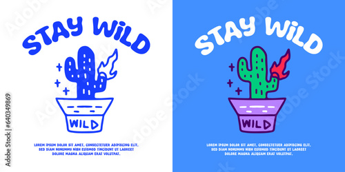 Burning cactus inside bucket hat with stay wild typography, illustration for logo, t-shirt, sticker, or apparel merchandise. With doodle, retro, groovy, and cartoon style.