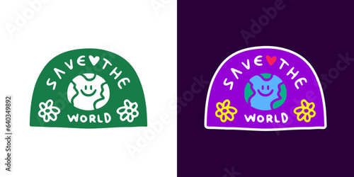 Cute earth planet with save the world typography, illustration for t-shirt, sticker, or apparel merchandise. With doodle, retro, groovy, and cartoon style.