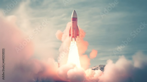 Fototapeta Naklejka Na Ścianę i Meble -  Spaceship takes off into the night sky. Rocket space ship launch. Start up concept. Illustration for banner, poster, cover, brochure or presentation.