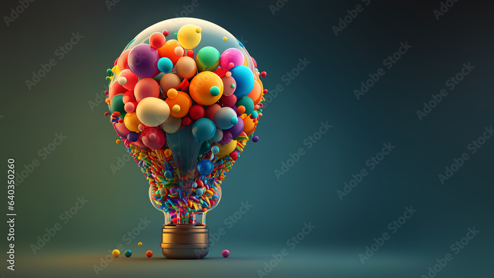 a colorful hot air balloon made of many ideas, visualization of creative thinking, creative idea generation process - obrazy, fototapety, plakaty 
