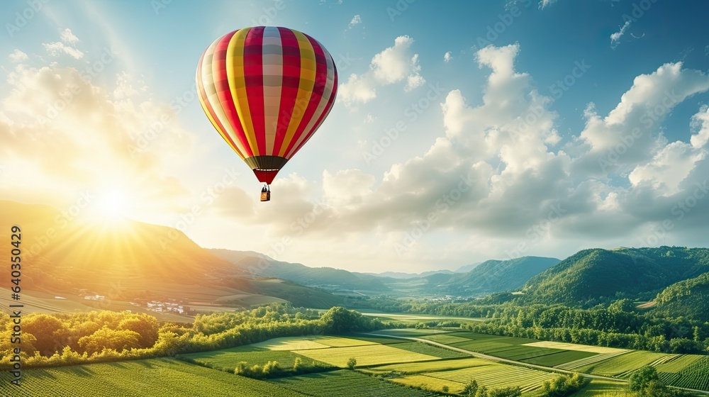 Fototapeta premium A bright hot air balloon flies over a beautiful landscape with plowed fields and mountains on the horizon. The concept of motivation and inspiration for an active summer holiday. Illustration.