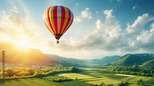 A bright hot air balloon flies over a beautiful landscape with plowed fields and mountains on the horizon. The concept of motivation and inspiration for an active summer holiday. Illustration.