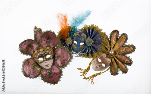 three venetian carnival colorful mysterious masquerade mask isolated on white background