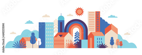 Vector simple flat illustration, summer vacation, tropical hotel,  geometric summer pattern and banner, sun travel, landscape with island scenery with houses, horizontal banner