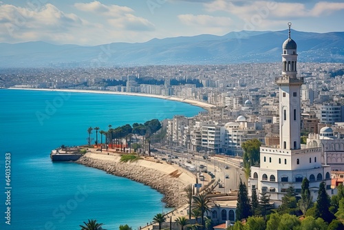 Algeria's historic waterfront landmark at the Admiralty in Algiers - A stunning view of city, coast, architecture, and lighthouse amidst the blue landscape photo