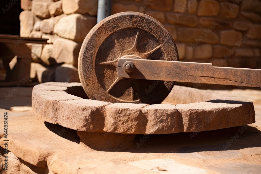Medieval Grindstone: Closeup of Round Sandstone Grinding Machine for Sharpening Tools at Country House Medieval Grindstone: Closeup of Round Sandstone Grinding Machine for Sharpening Tools at Country House