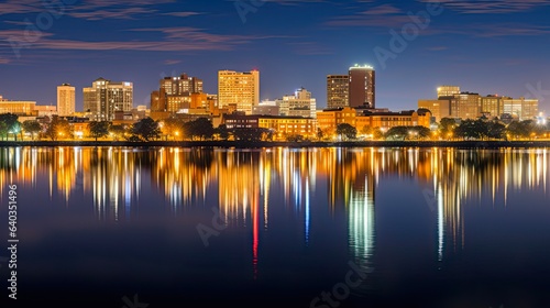 Panoramic Night View of Wilmington Skyline Reflected in Christiana River, Delaware - Travel, Business and Architectural Scenery in America