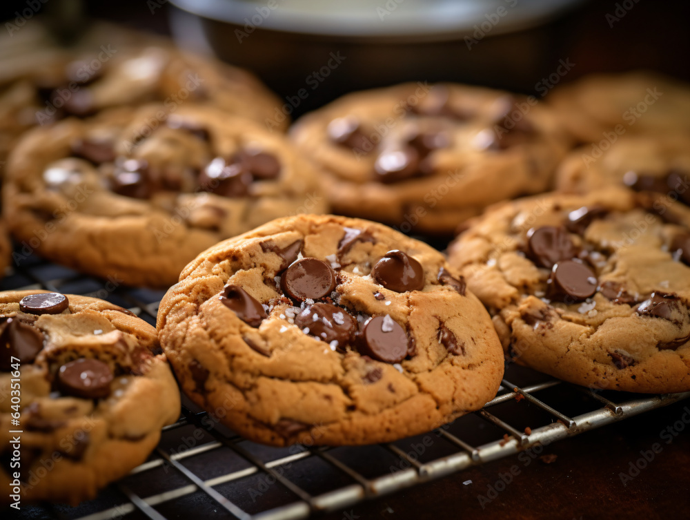 Golden brown freshly baked chocolate chip cookies with a cracked texture rest on a cooling rack against a dark kitchen counter background.