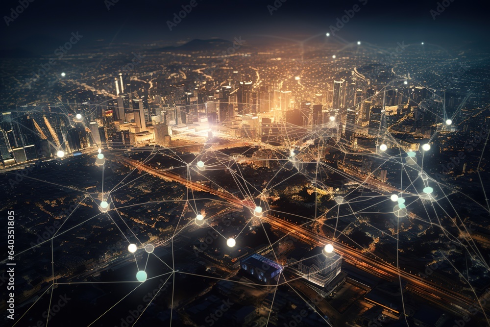 Obraz premium Smart city and internet of things, wireless communication network. Generative AI