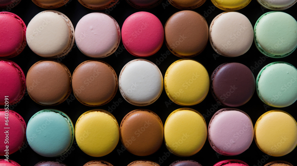 Top view of macarons in soft pastel colors. Colorful almond cookies. Generative AI Top view of macarons in soft pastel colors. Colorful almond cookies. Generative AI