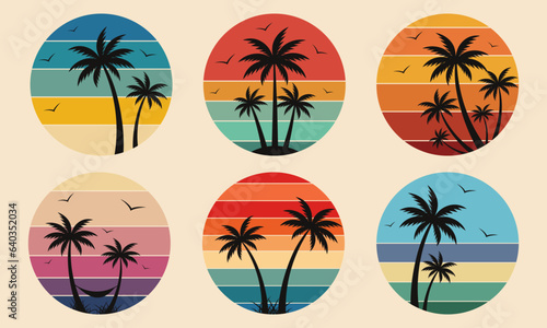Vector set of retro 80s sunset with pal trees silhouettes.Tropic summer sundown . Vector illustration for design and print