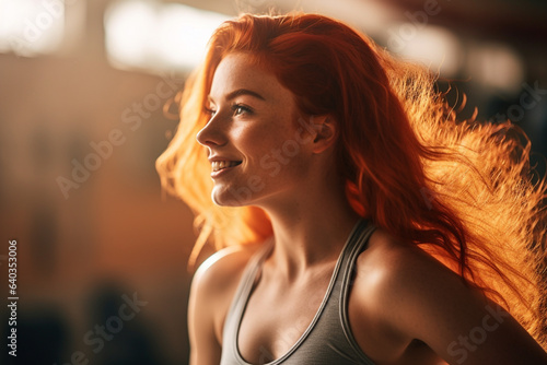 Beautiful young woman redhead, curly hair, plus size body positive female doing sports in the gym with hair blowing in the wind on the Sunset