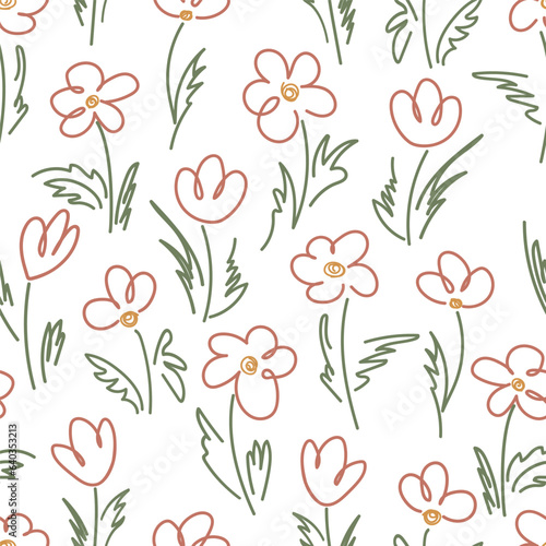Seamless pattern Set Flowers Children s freehand drawing. Field  meadow  garden  different bright flowers  grass on a white background. Drawing in children s doodle style.