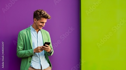 Man Holding Phone Against Purple Wall. Generative AI.