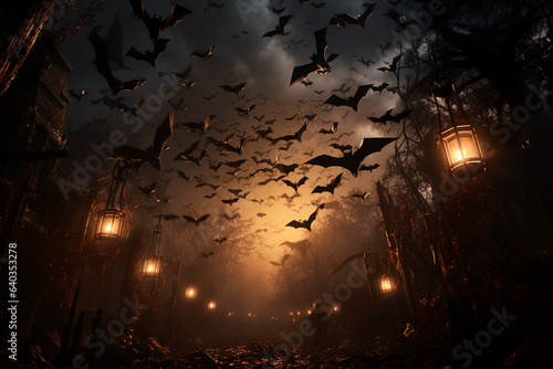 Halloween night with flying bats and haunted castle.