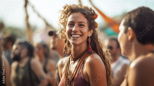Cheerful young woman with long curly hair smiles happily standing among people at festival closeup. Attractive white female has fun relaxing at festive event on hot summer day on blurred background