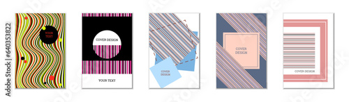 Geometric cover design, set of 5 covers. Abstract unusual background in Memphis style. Bright geometric shapes in random order