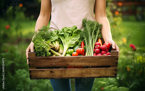 A person is holding a wooden crate of fresh vegetables in a garden. The crate has a variety of vegetables in it, including lettuce, tomatoes, radishes, and fennel. The background is a garden. © Andrey